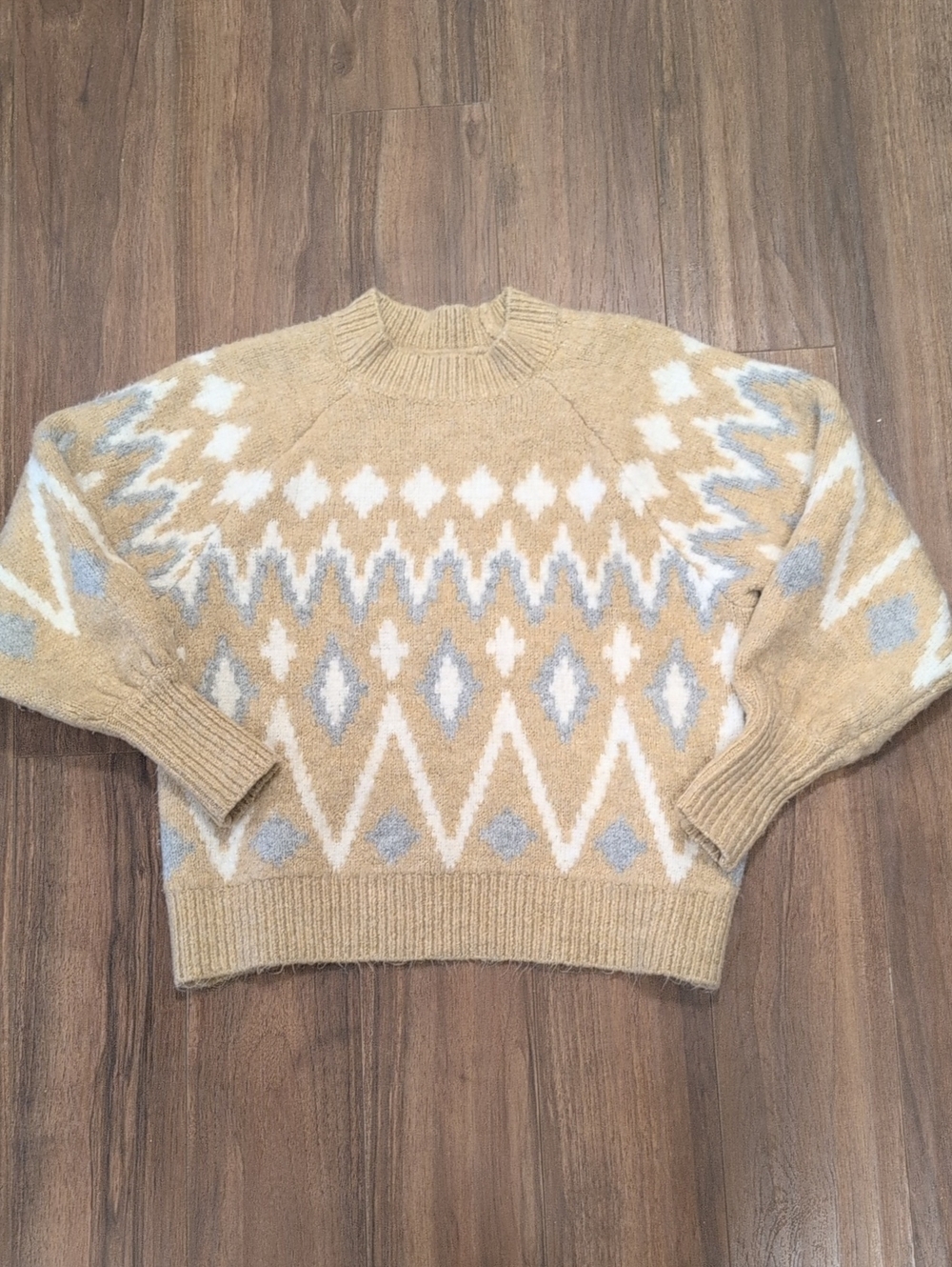 a new day Beige, White & Light Gray Geometric Crewneck Chunky Sweater